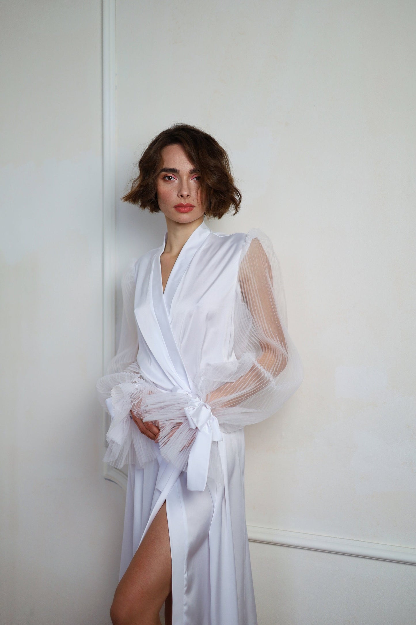 Handmade Silk Bridal Robe with Wide Sleeves, Plus Size
