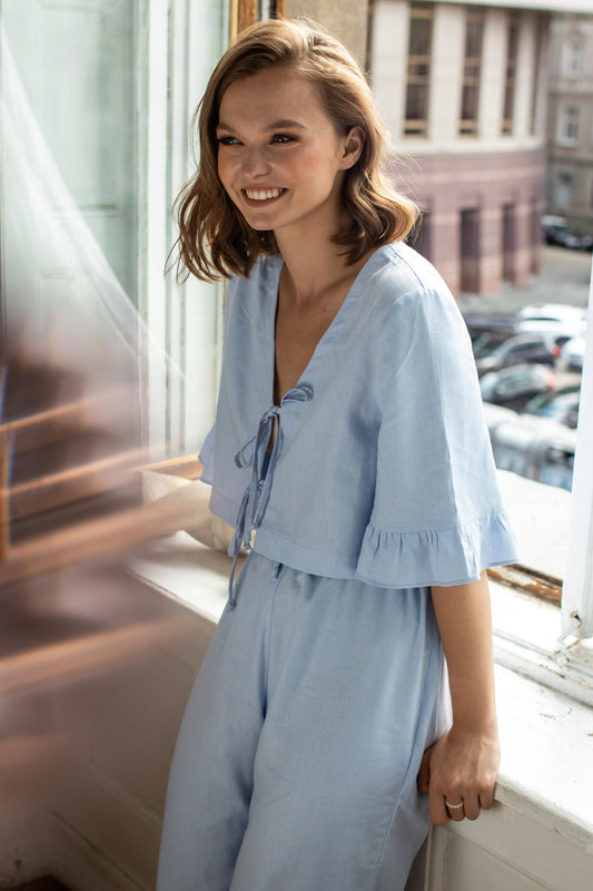 Handmade Linen Pajama Set, Dusty Blue Two-Piece Sleepwear