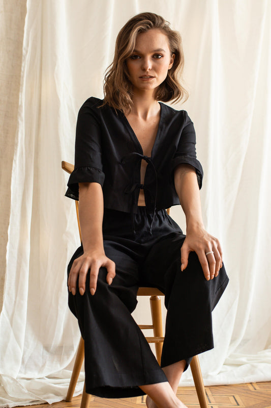 Handmade Black Linen Pajama Set, Crop Top & Pants, Women's Sleepwear