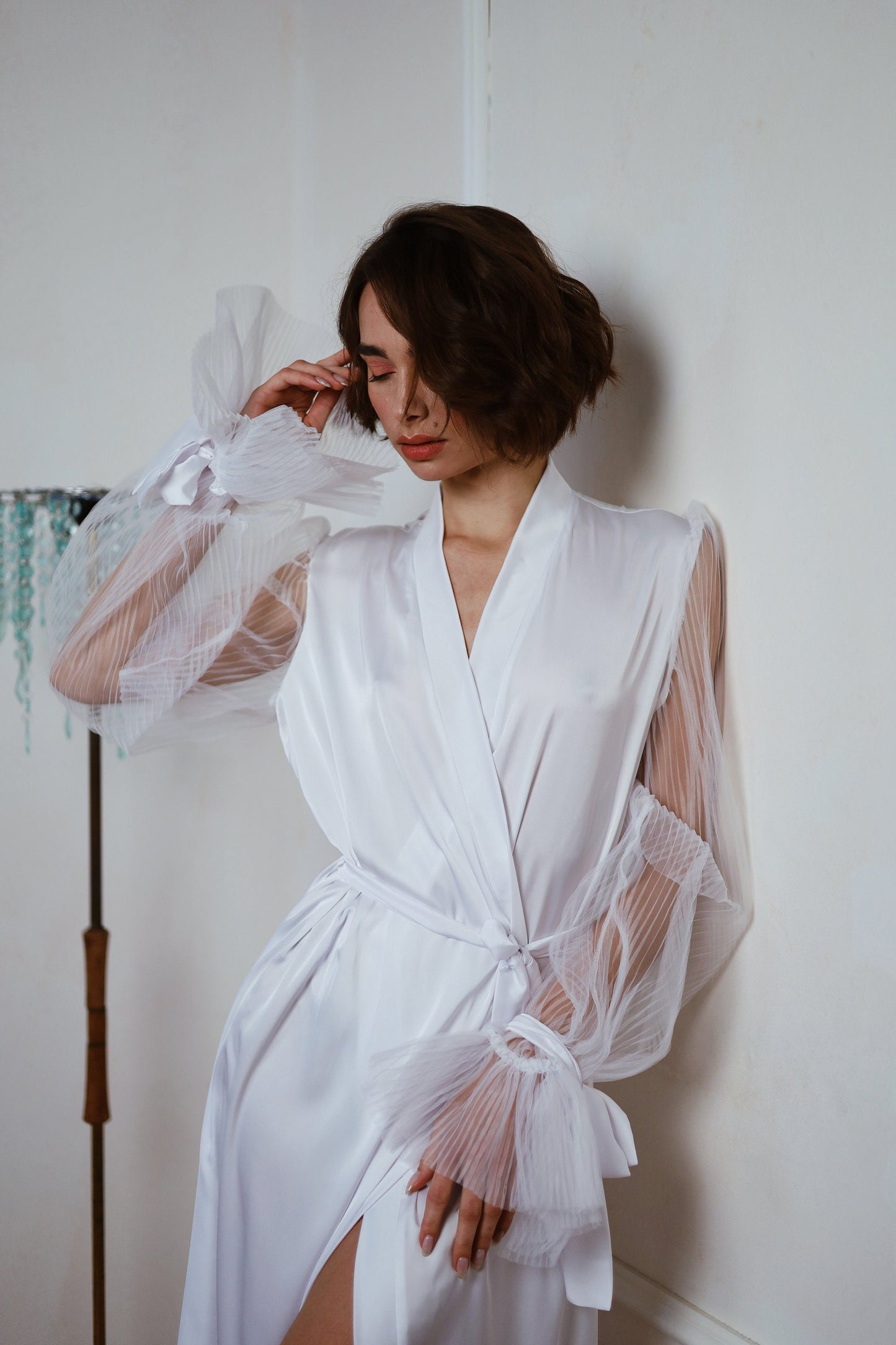 Handmade Silk Bridal Robe with Wide Sleeves, Plus Size