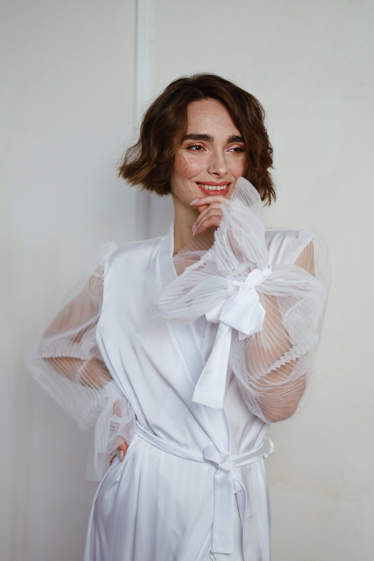 Handmade Silk Bridal Robe with Wide Sleeves, Plus Size