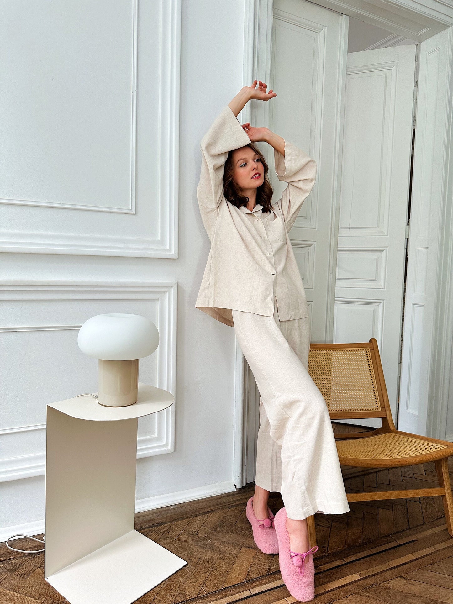 Ivory Linen Pajama Set, Long Sleeve Loungewear, Plus Size Available