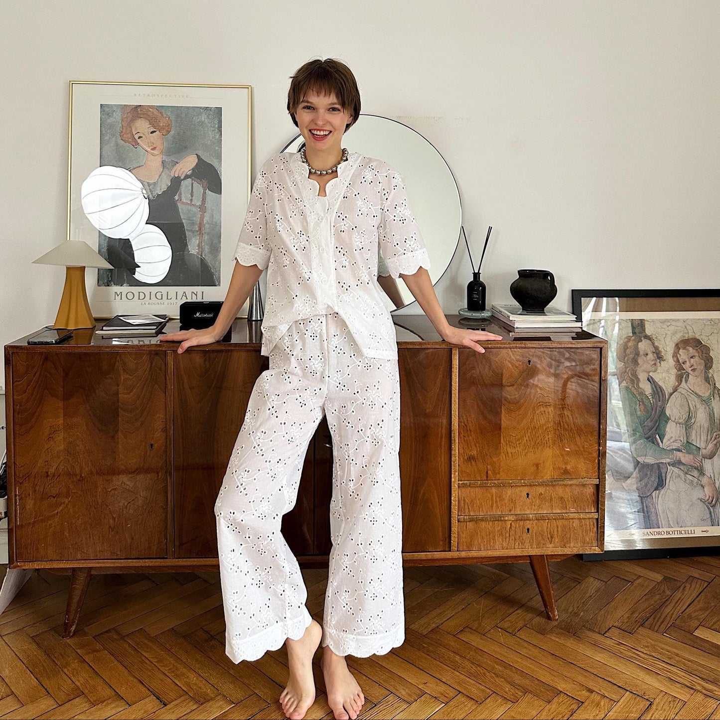 White Cotton Eyelet Lounge Suit – Handmade Two Piece Summer Outfit Set