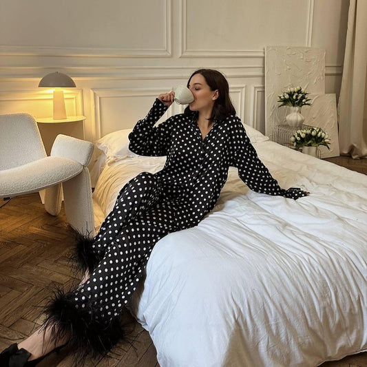 Luxury Silk Polka Dot Pajama Set with Ostrich Feathers – Bridal & Honeymoon Sleepwear