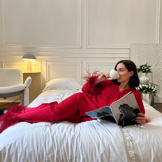 Pajamas Set Christmas Feather: Soft Cotton Viscose Sleepwear, Bridal or Christmas Gift, Elegant Party Loungewear
