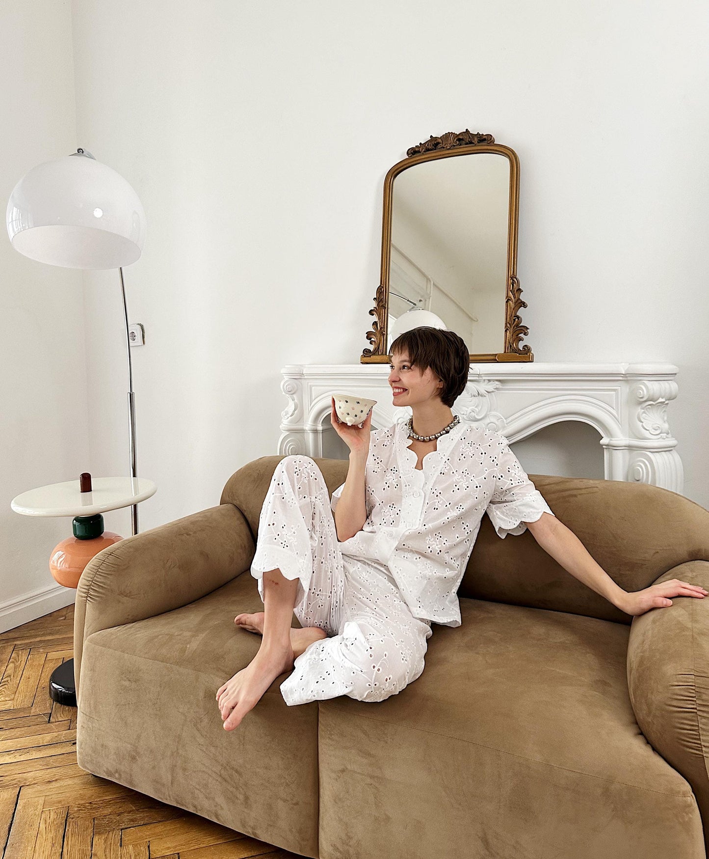 White Cotton Eyelet Lounge Suit – Handmade Two Piece Summer Outfit Set