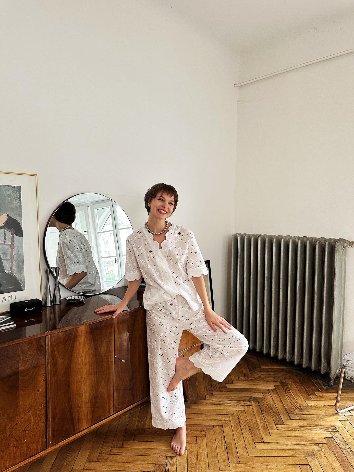 White Cotton Eyelet Lounge Suit – Handmade Two Piece Summer Outfit Set