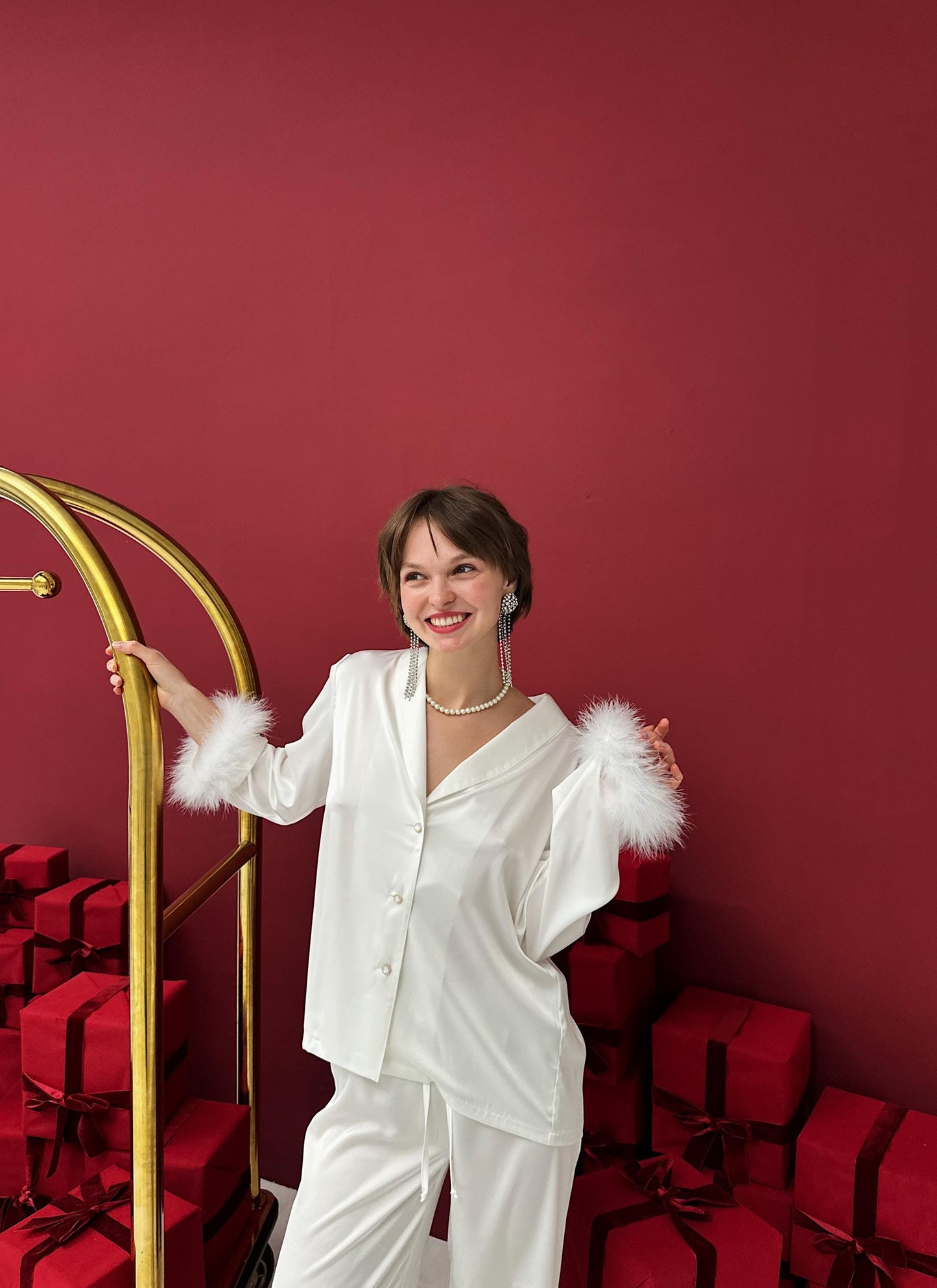Handmade Bride Silk Pajamas with Ostrich Feathers, Mother Day Gift