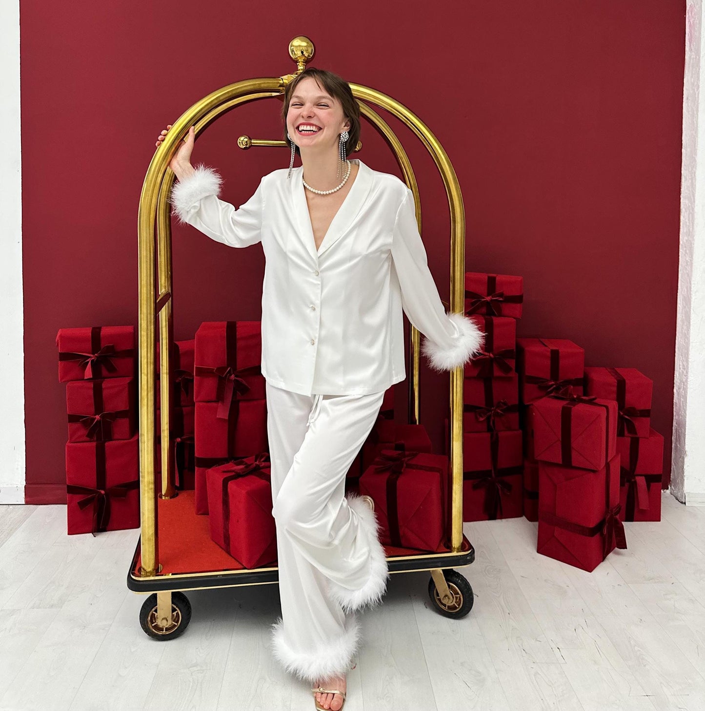 Handmade Bride Silk Pajamas with Ostrich Feathers, Mother Day Gift