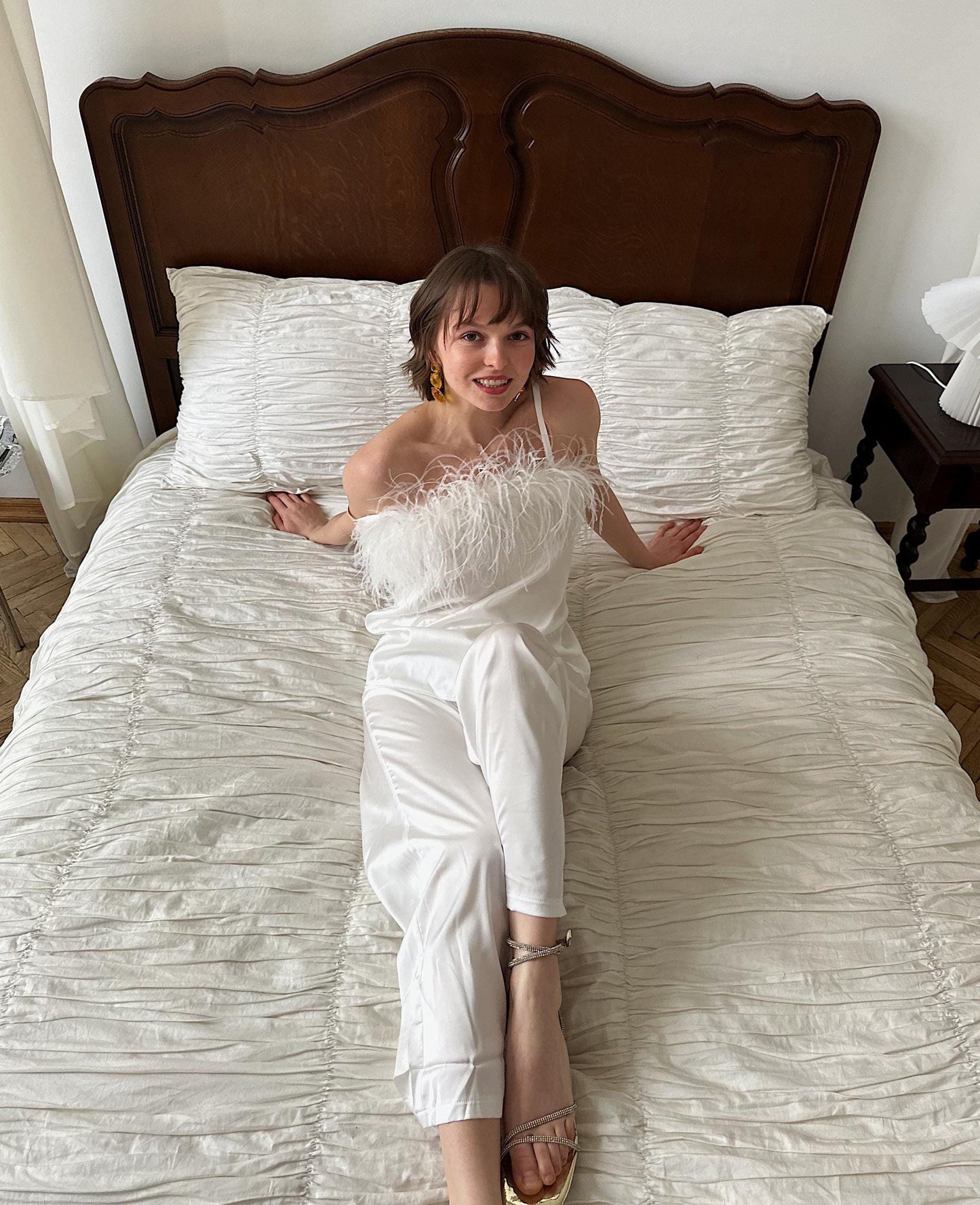 Bridesmaid Bachelorette Feather Pajama Set White Satin Bridal Getting Ready Outfit