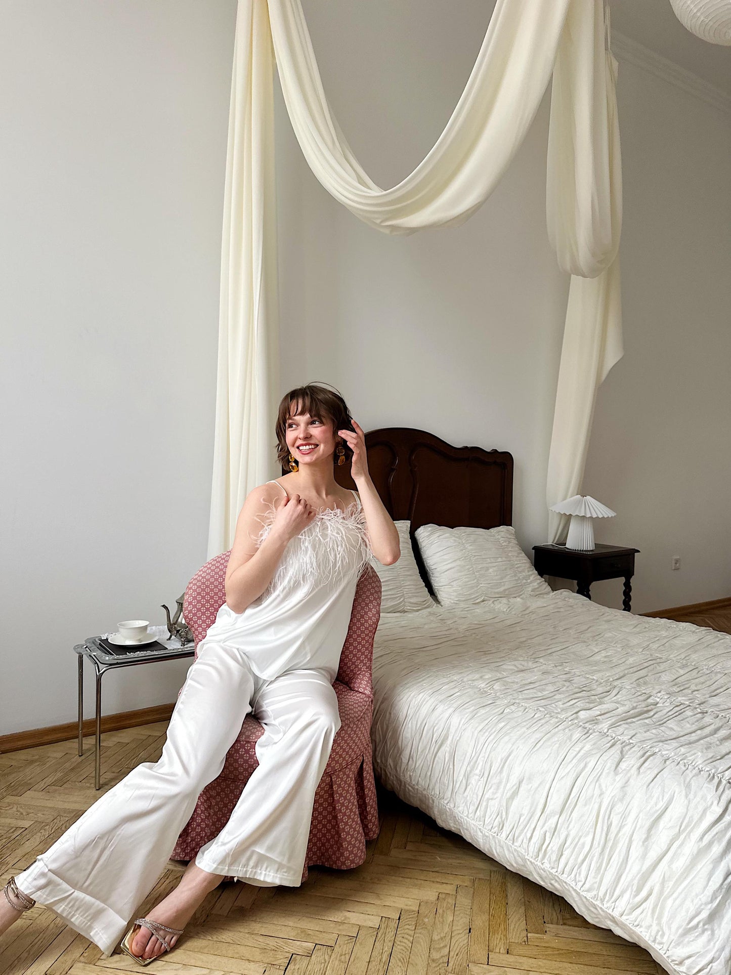 Bridesmaid Bachelorette Feather Pajama Set White Satin Bridal Getting Ready Outfit