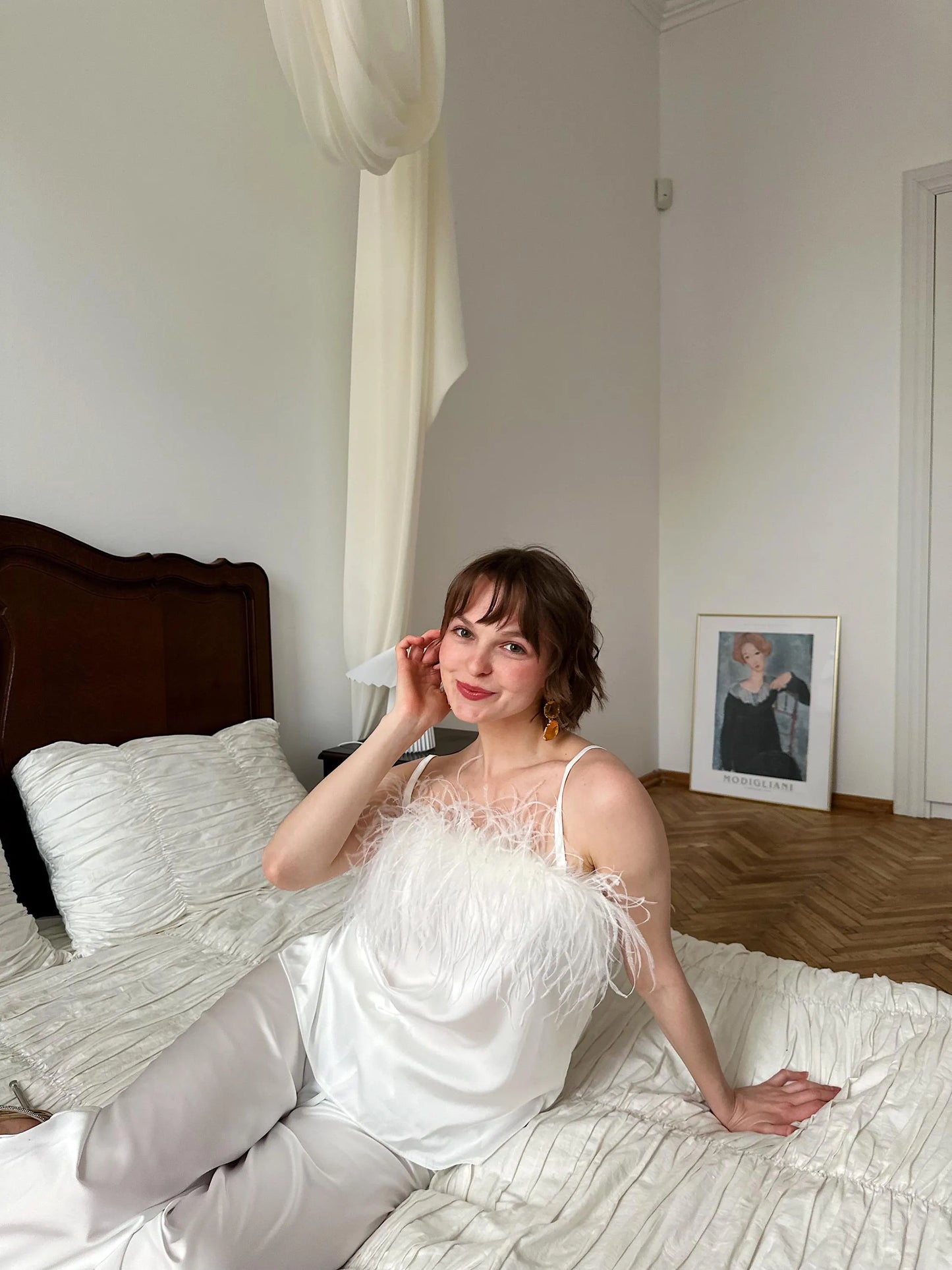 Bridesmaid Bachelorette Feather Pajama Set White Satin Bridal Getting Ready Outfit