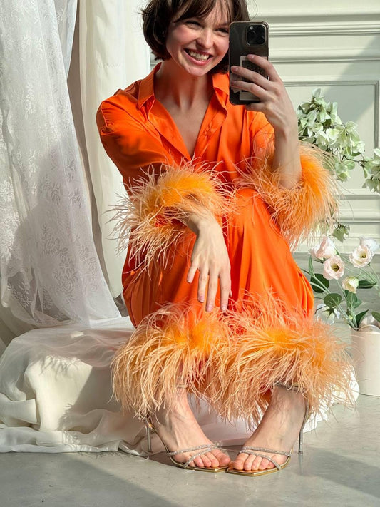Silk Feather Pajama Set, Colorful Statement Outfit for Photoshoot, Influencer Style Loungewear