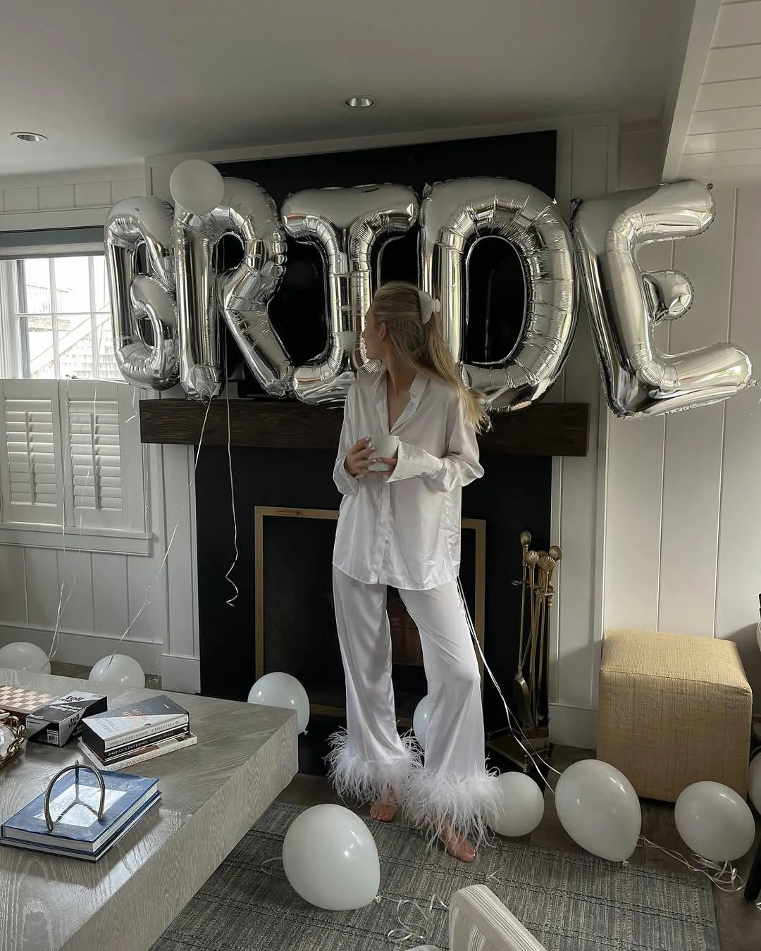 Luxury Silk Bridal Pajamas with Feather