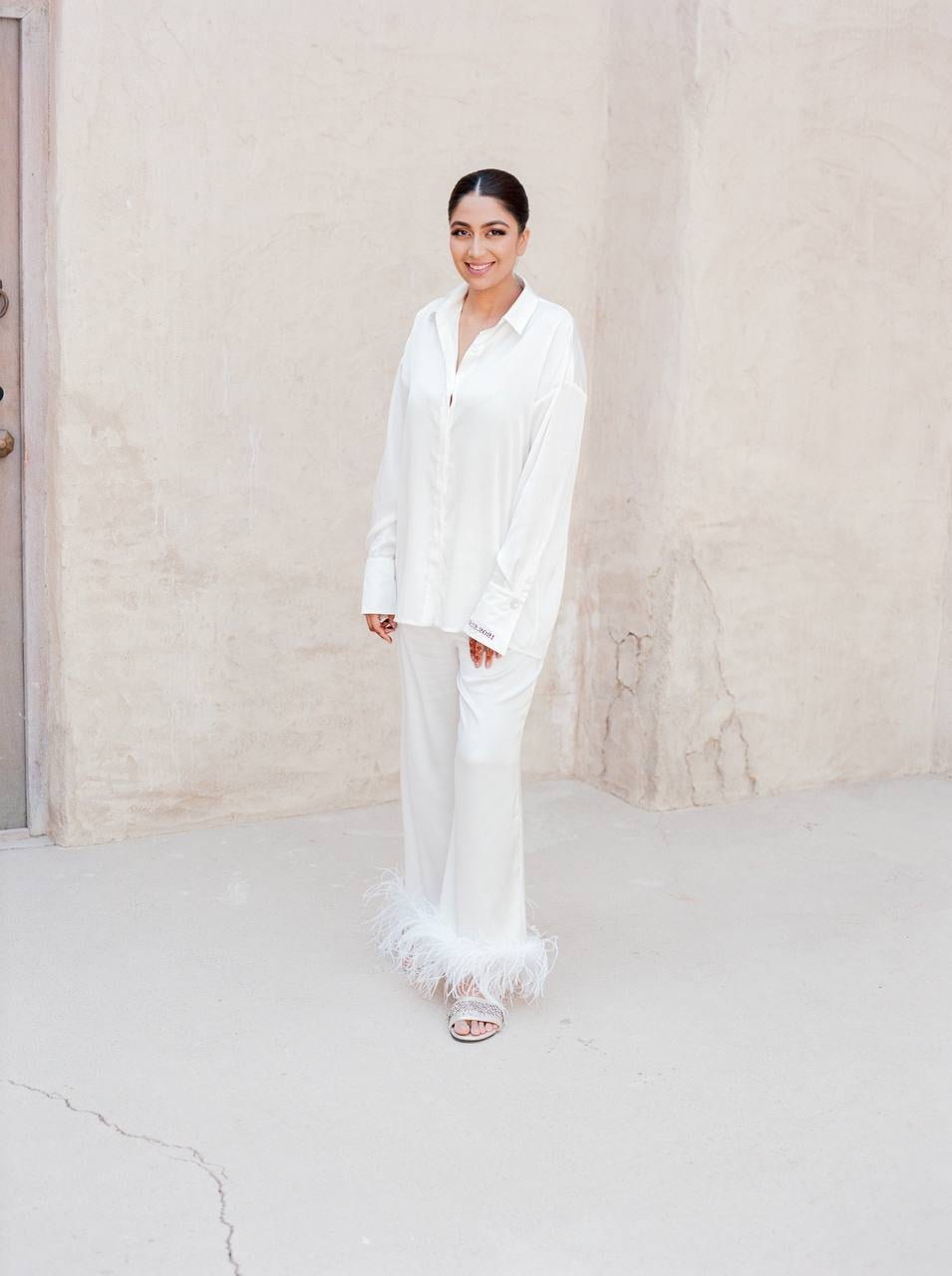 Luxury Silk Bridal Pajamas with Feather
