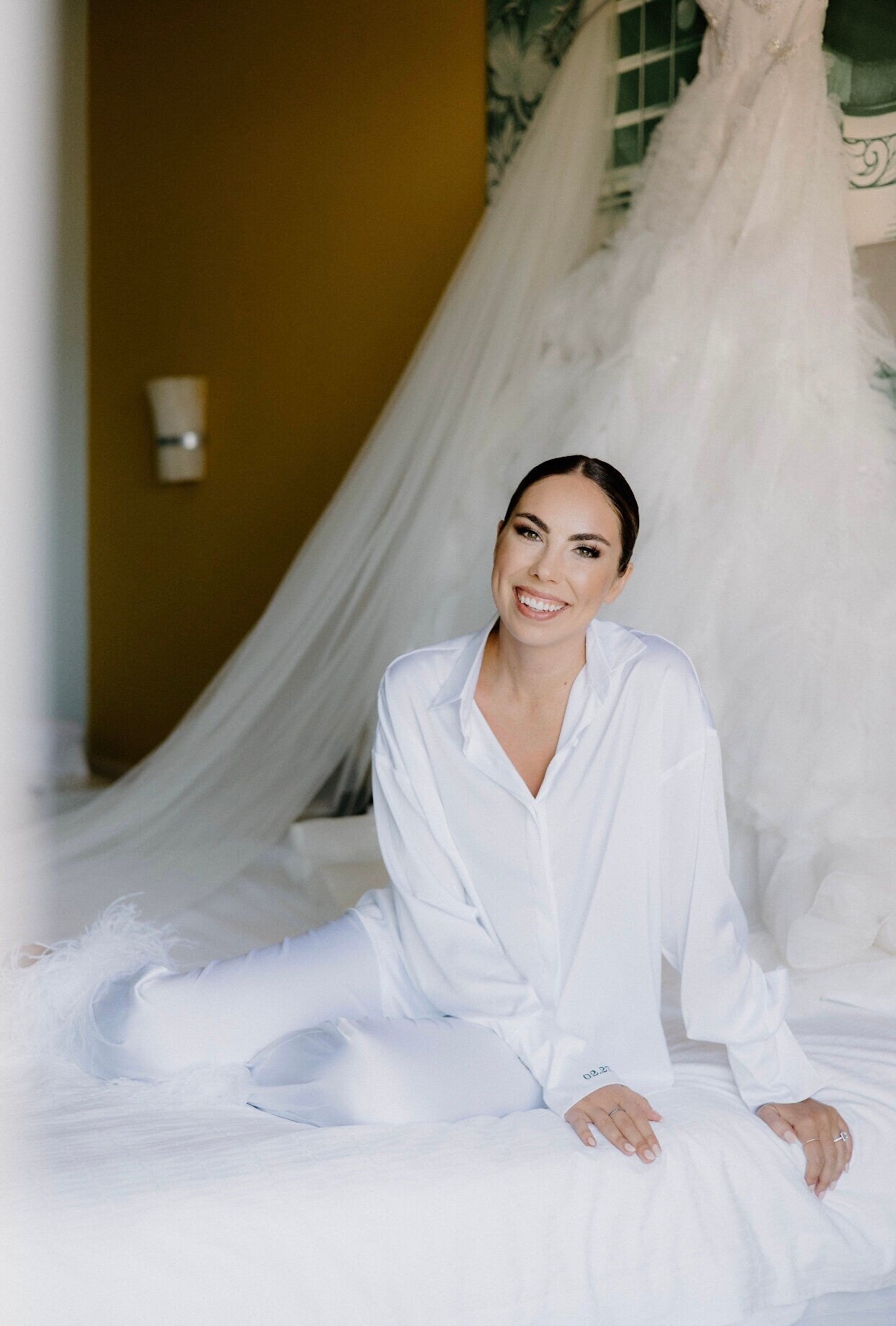 Luxury Silk Bridal Pajamas with Feather