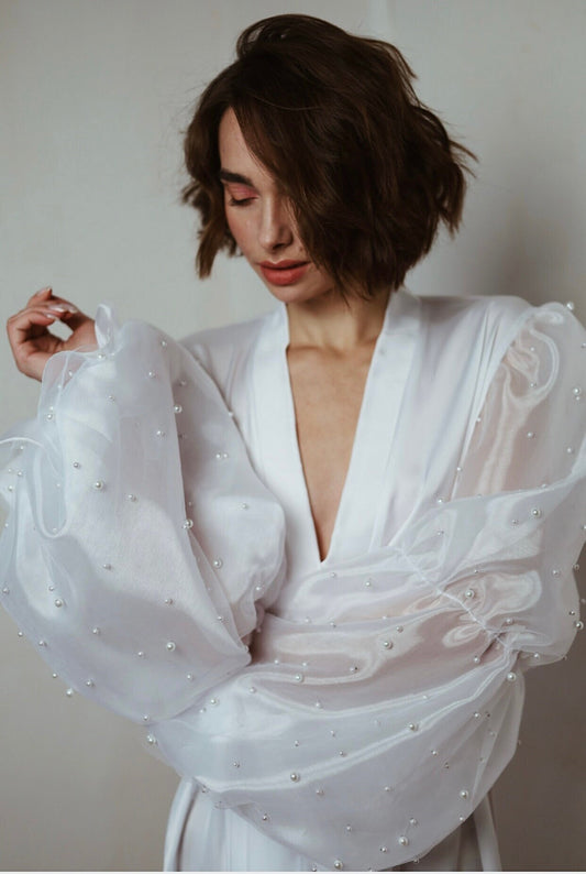 Bridal Robe with Wide Sleeves & Pearls